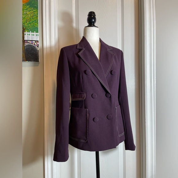 EUC Double Breasted Deep Aubergine Blazer with Contrast Stitching - M - Picture 3 of 14